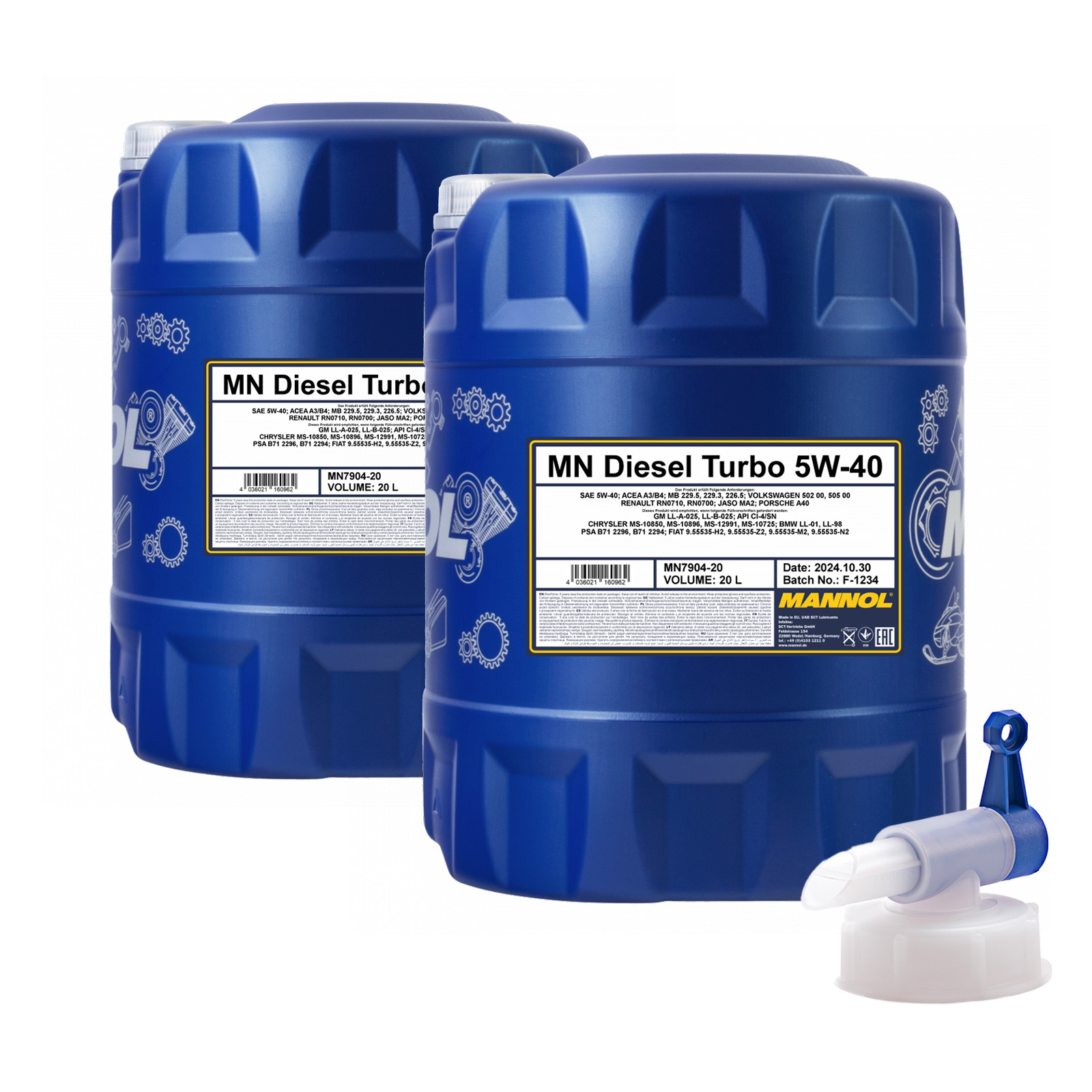 40 Liter MANNOL Diesel Turbo 5W-40 5W40 API CI-4/SN Motoröl ÖL + Ablasshahn