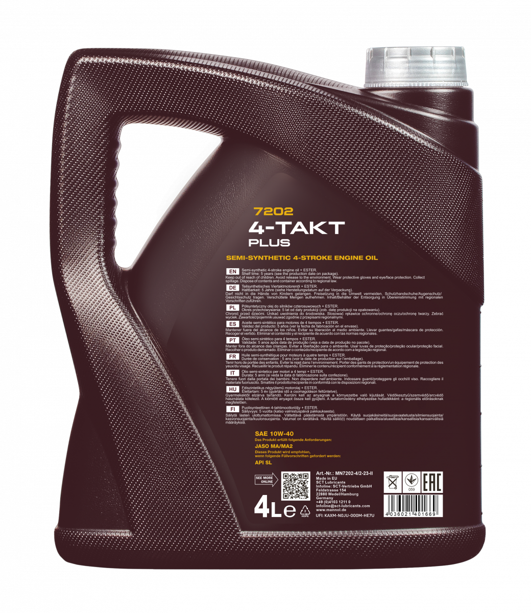 16 Liter (4x4) MANNOL 4-Takt Plus 10W-40 7202 API SL Motoröl Motorradöl